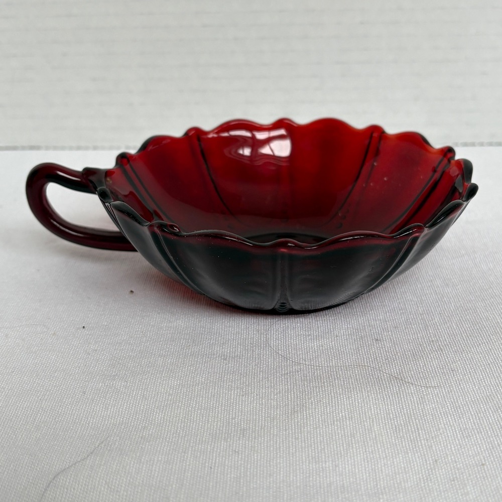 Vintage Ruby Red Glass Nappy Dish Scalloped‎ Beaded Edge Single Handle 4.5 Inch